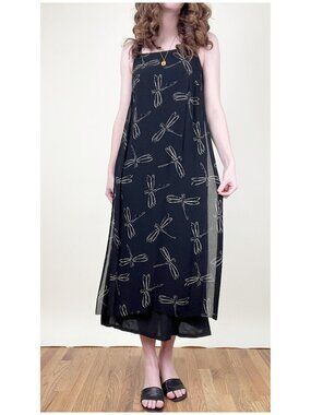 Vintage 90s Dragonfly Novelty Print Midi Maxi Dress Shift Summer Sundress 1990s